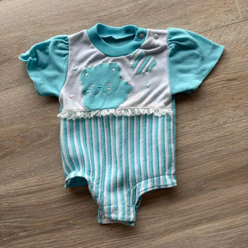 Vintage 80’s Blue & White Baby Romper 3-6 Mos One Piece Teddy Bear Balloon READ